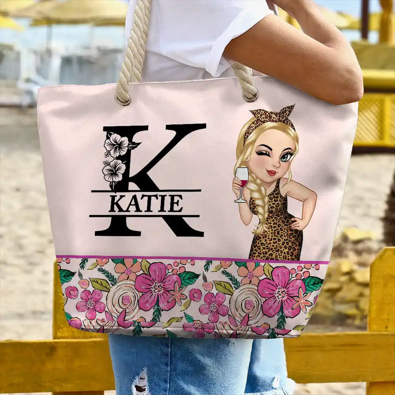 Sac de plage personnalisé avec monogramme floral tropical