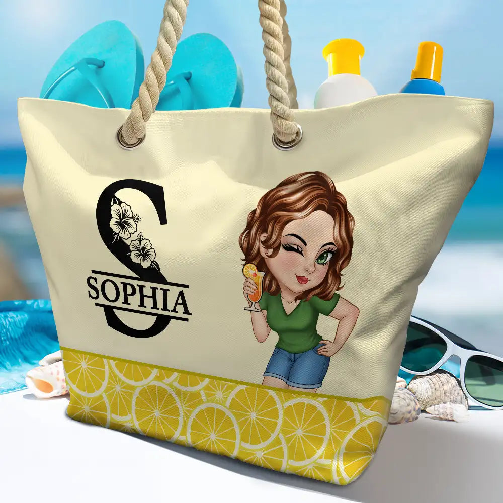 Sac de plage personnalisé avec monogramme floral tropical
