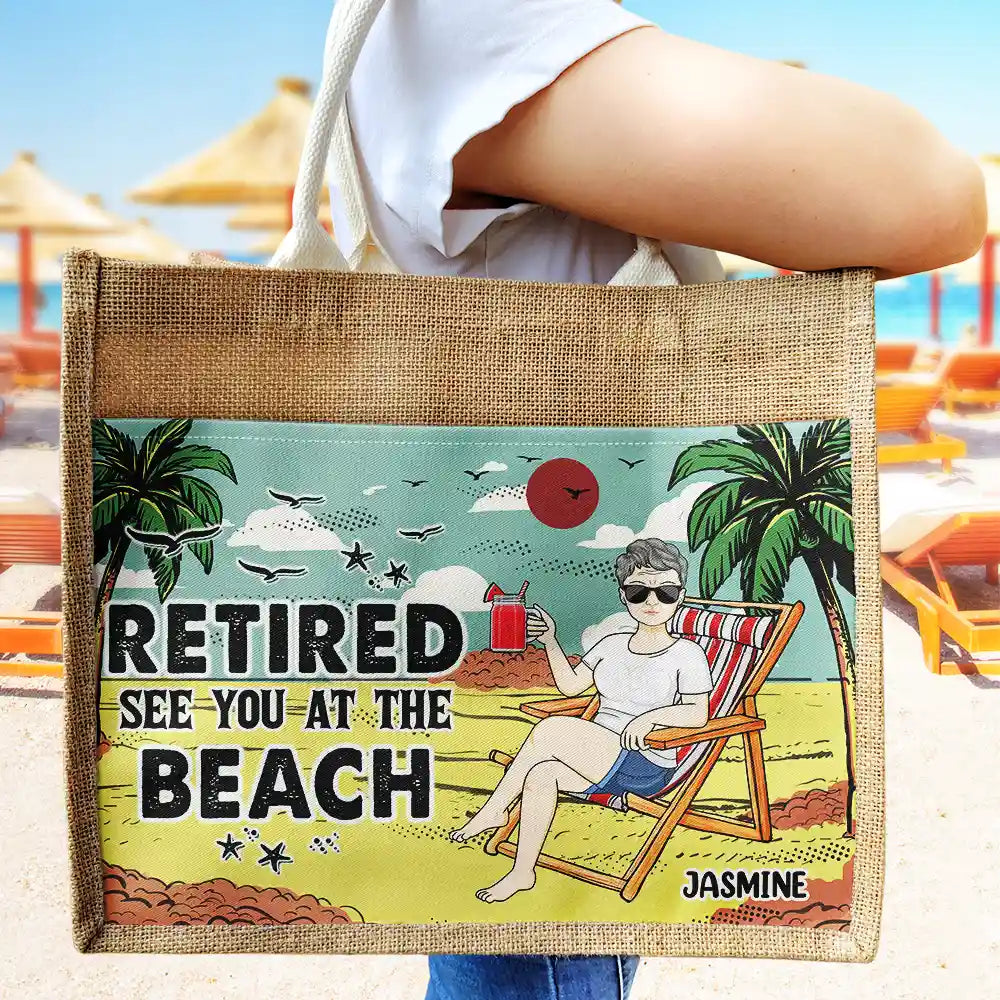 Retired See You At The Beach Vintage - Personalized Jute Tote Bag