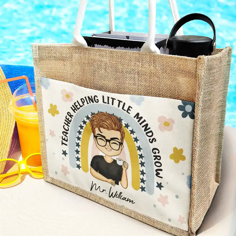 Teacher Helping Little Minds Grow - Personalized Jute Tote Bag