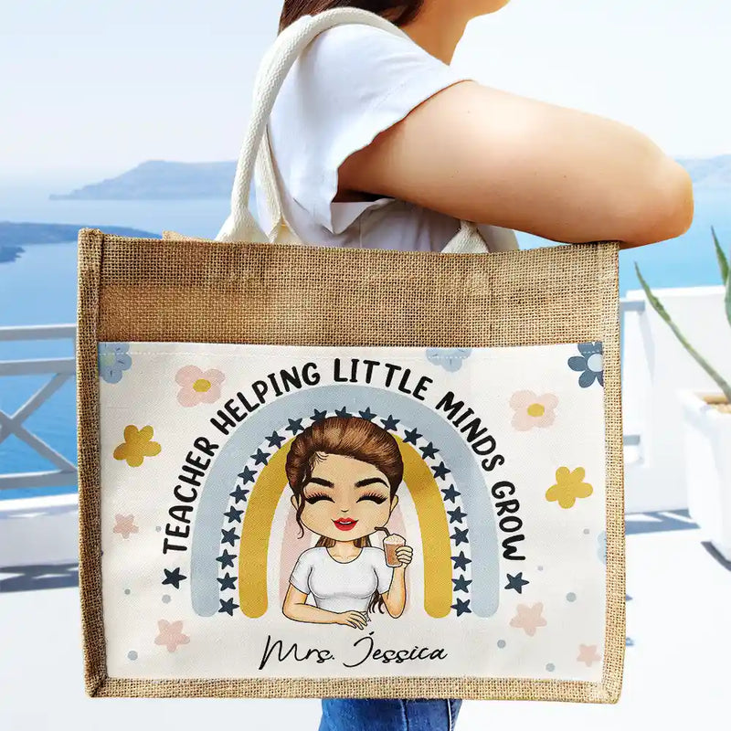 Teacher Helping Little Minds Grow - Personalized Jute Tote Bag