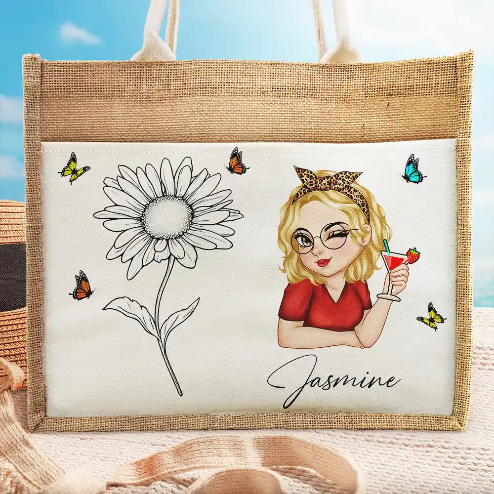 Line Wild Flower Cartoon Woman - Personalized Jute Tote Bag