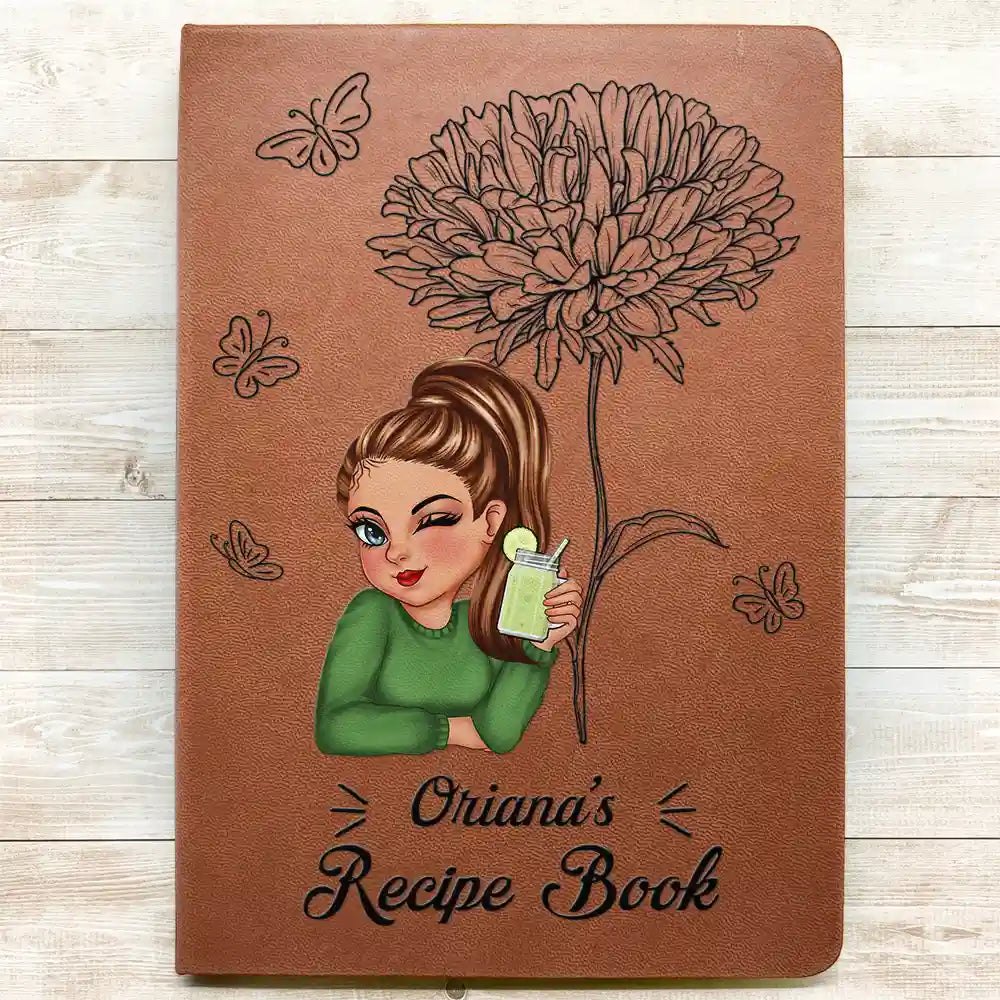 Birth Month Flowers Sketch Cooking Recipe Book - Personalized Leather Journal