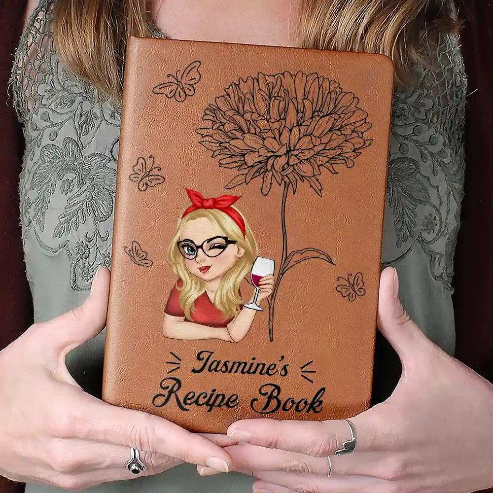 Birth Month Flowers Sketch Cooking Recipe Book - Personalized Leather Journal
