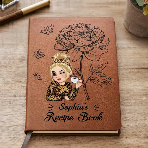 Birth Month Flowers Sketch Cooking Recipe Book - Personalized Leather Journal