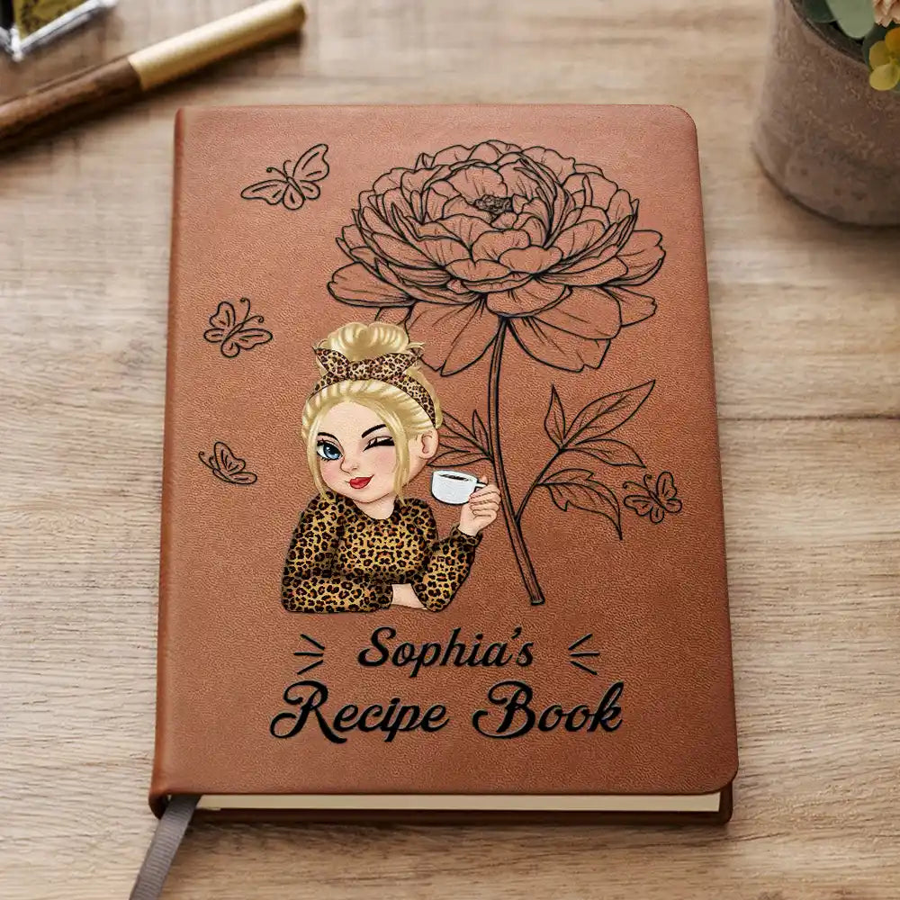 Birth Month Flowers Sketch Cooking Recipe Book - Personalized Leather Journal