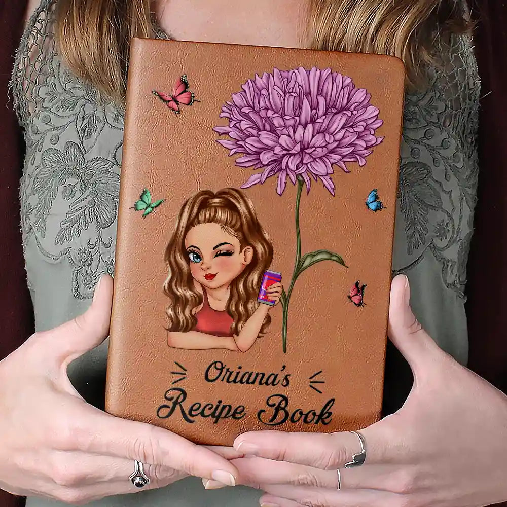 Livre de recettes de cuisine avec fleurs du mois de naissance - Journal en cuir personnalisé 