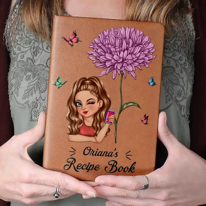 Livre de recettes de cuisine avec fleurs du mois de naissance - Journal en cuir personnalisé 