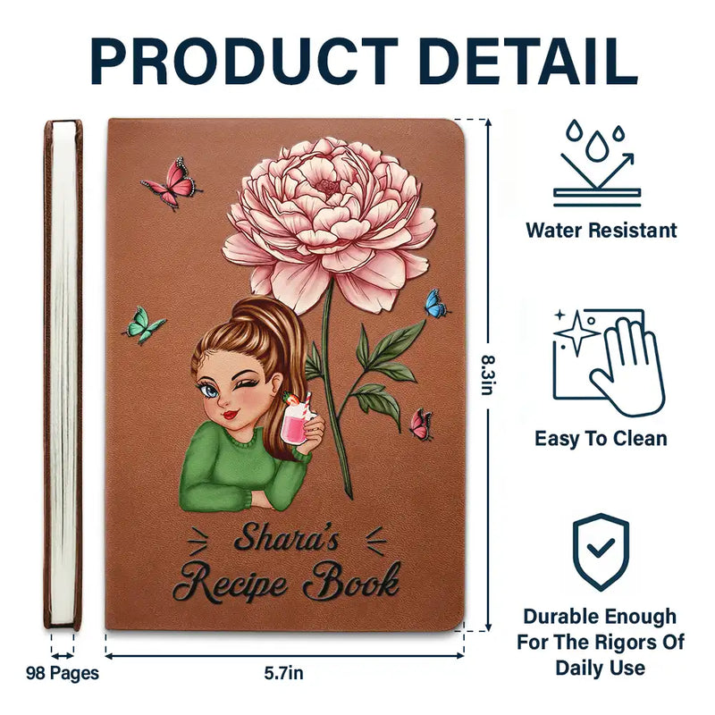 Livre de recettes de cuisine avec fleurs du mois de naissance - Journal en cuir personnalisé 