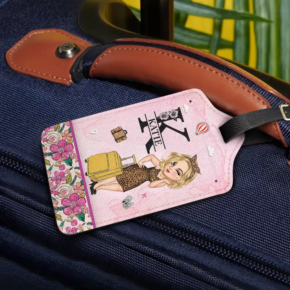 Étiquette de bagage personnalisée avec monogramme floral et fille tropicale 