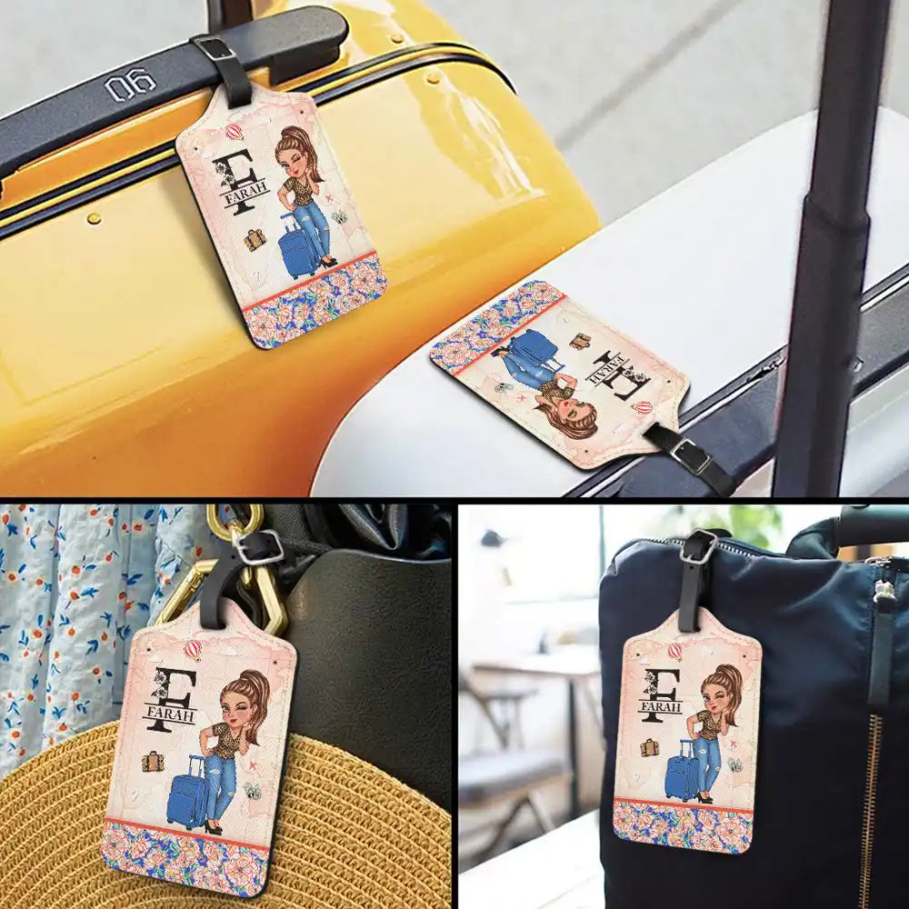Étiquette de bagage personnalisée avec monogramme floral et fille tropicale 