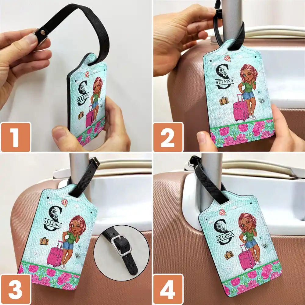 Étiquette de bagage personnalisée avec monogramme floral et fille tropicale 