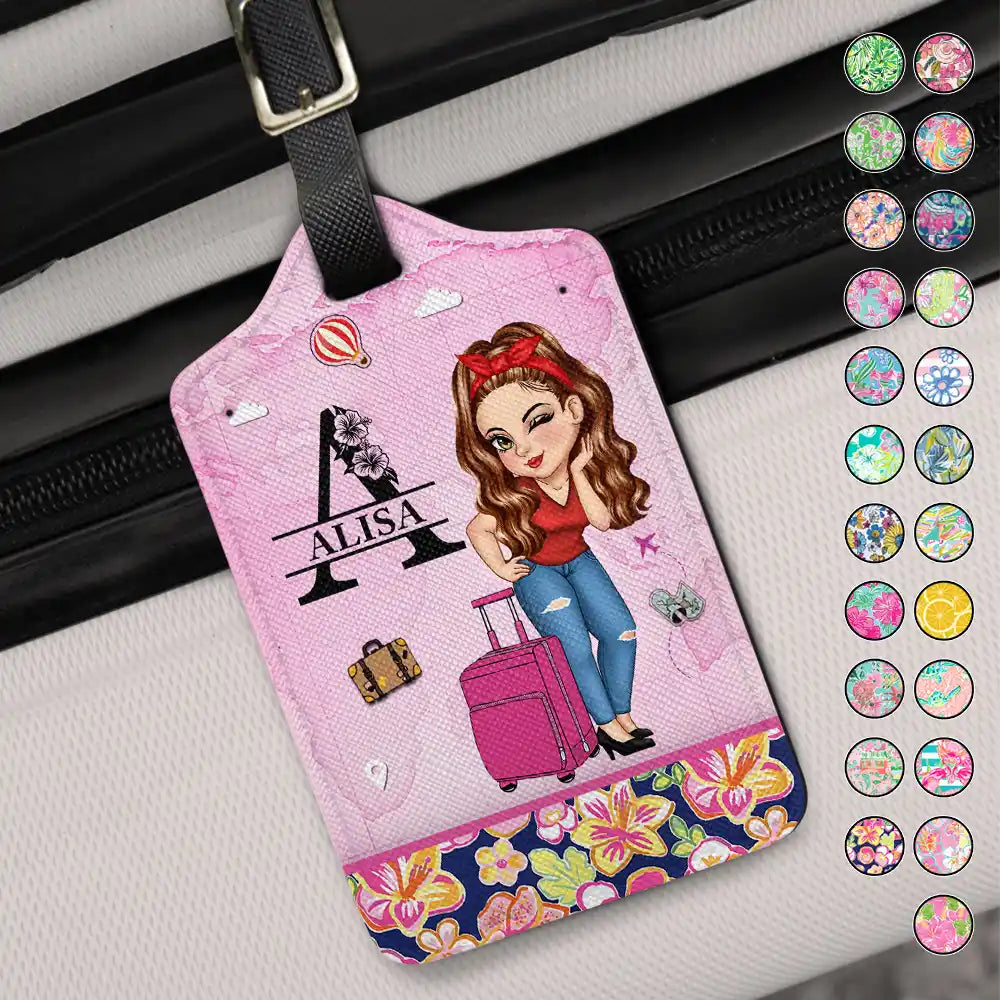 Étiquette de bagage personnalisée avec monogramme floral et fille tropicale 
