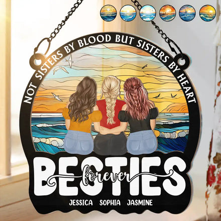 Besties Forever Sisters By Heart - Personalized Window Hanging Suncatcher Ornament