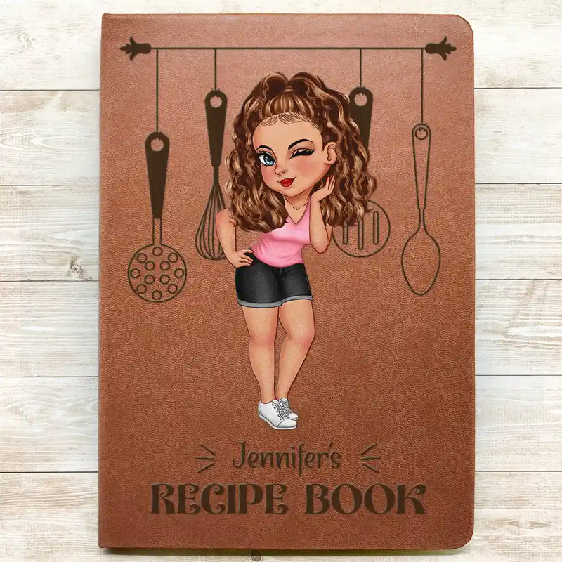 Cartoon Woman Recipe CookBook - Personalized Leather Journal