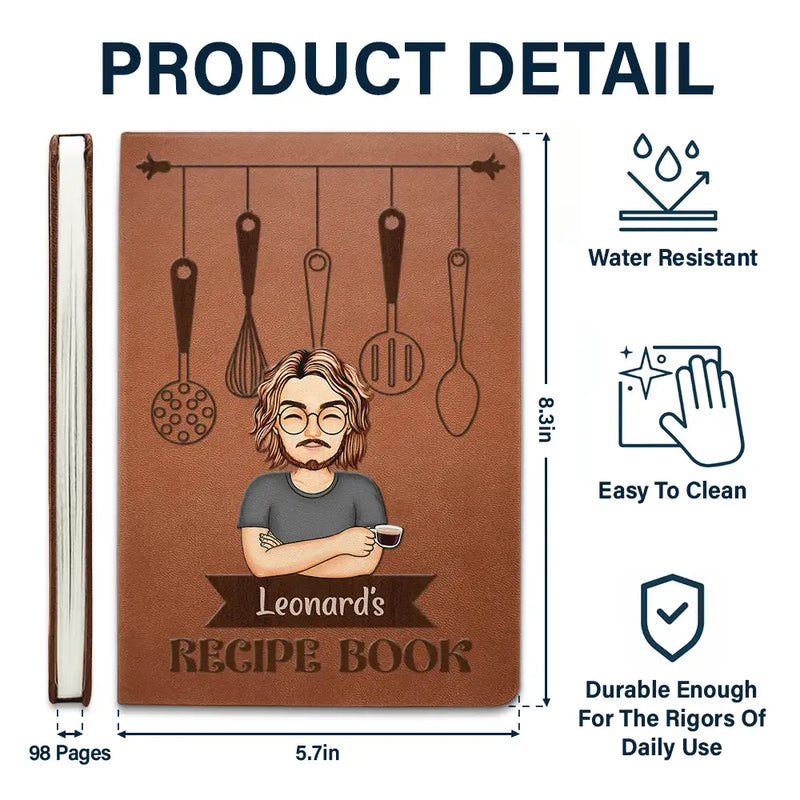 Cartoon Man Recipe CookBook - Personalized Leather Journal