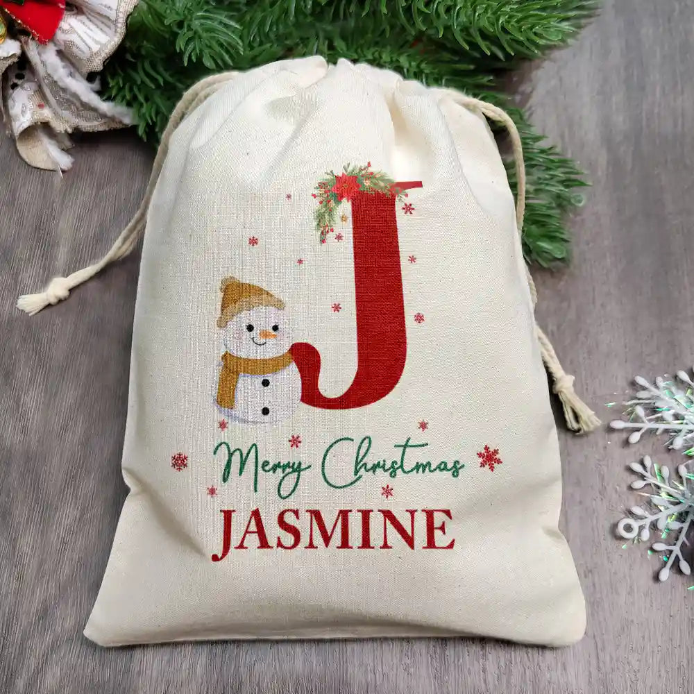Sac cadeau personnalisé avec monogramme « Bonhomme de neige Joyeux Noël » 