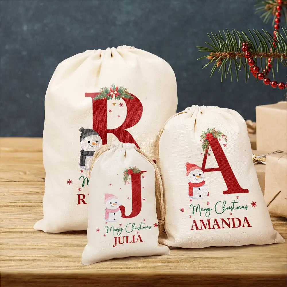Sac cadeau personnalisé avec monogramme « Bonhomme de neige Joyeux Noël » 