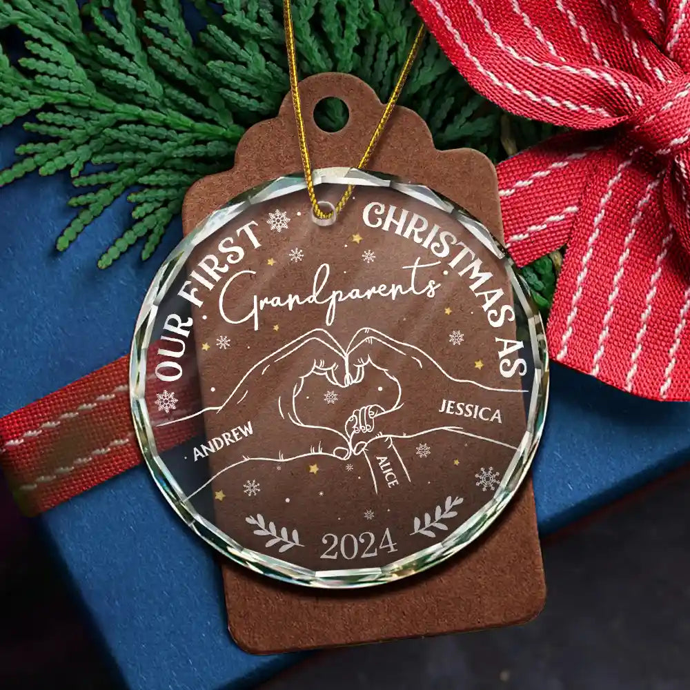 Our First Christmas As Grandparents - Personalized Circle Glass Ornament