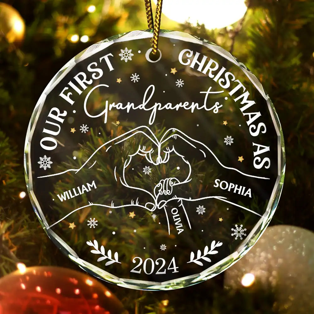 Our First Christmas As Grandparents - Personalized Circle Glass Ornament