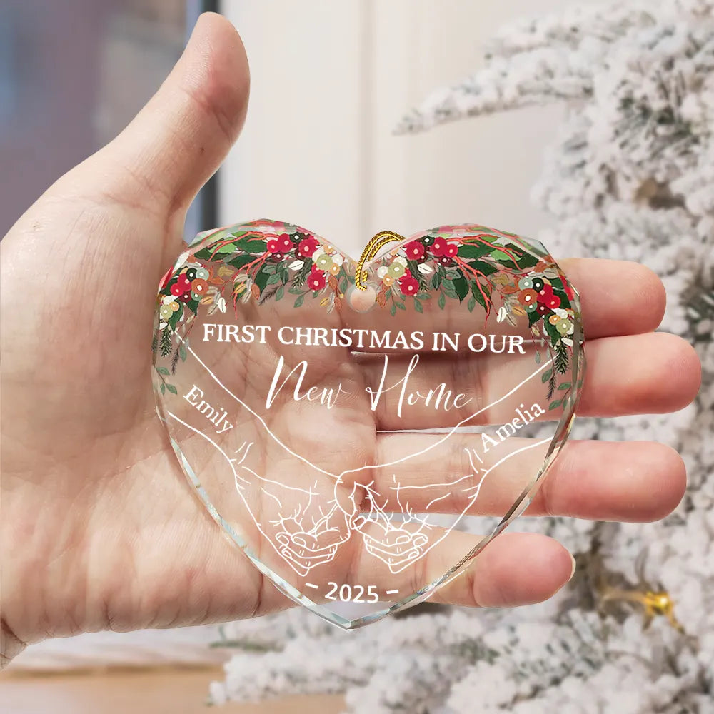 Holding Hands First Christmas Couple - Personalized Heart Shaped Glass Ornament
