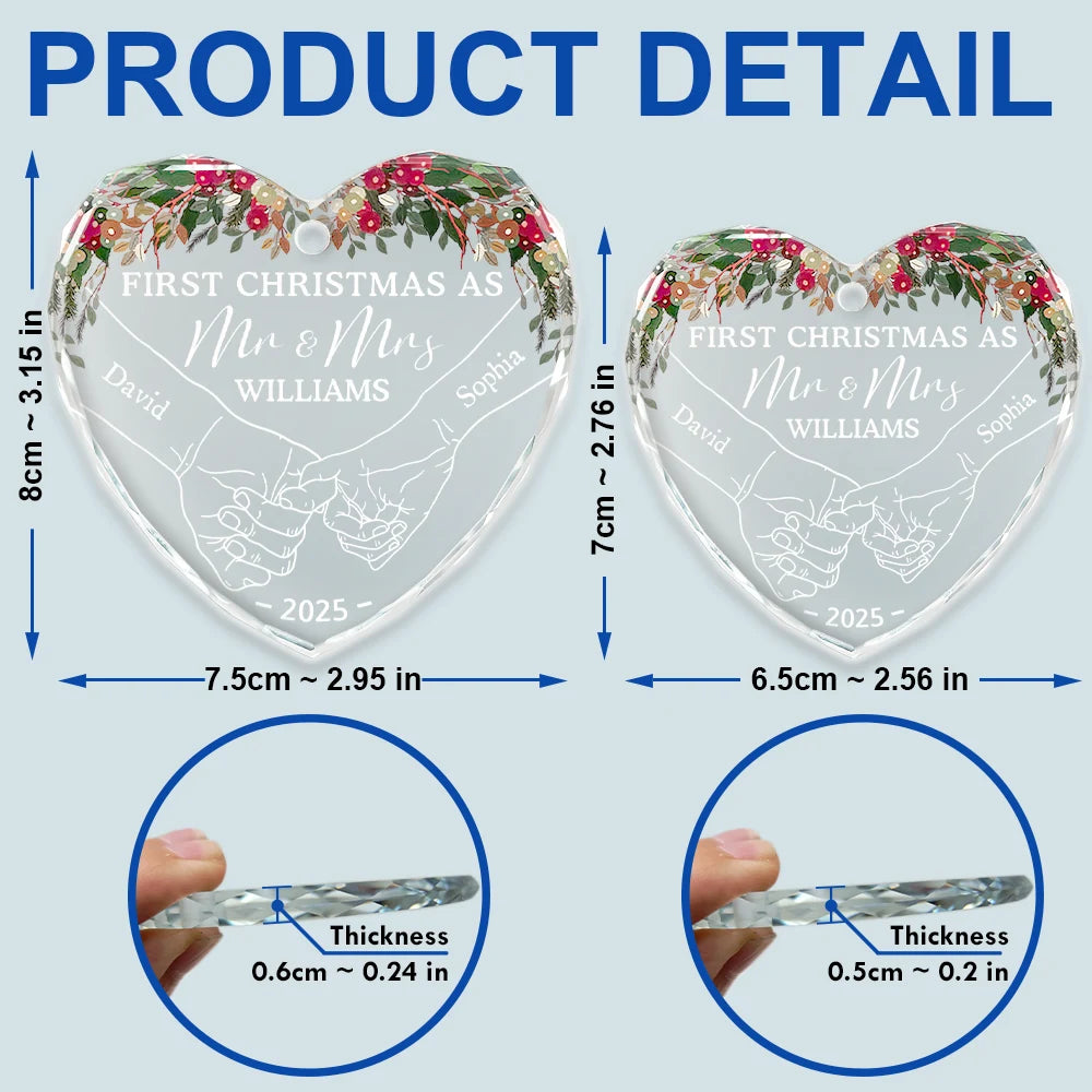 Holding Hands First Christmas Couple - Personalized Heart Shaped Glass Ornament
