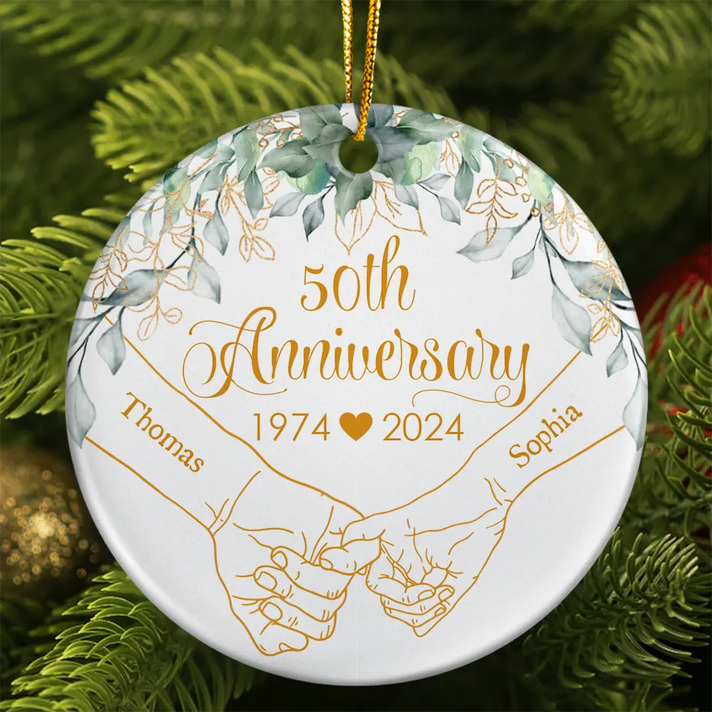 Holding Hands Couples Anniversary - Personalized Circle Ceramic Ornament