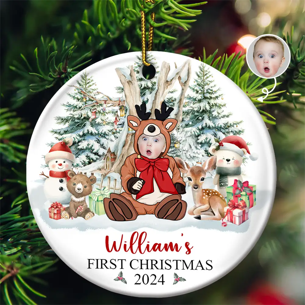 Custom Photo Baby's First Christmas Funny Face - Personalized Circle Ceramic Ornament