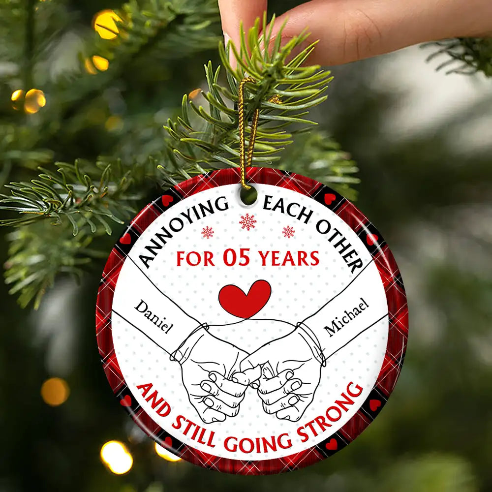 Gift For Couples - Holding Hands Old Couple Annoying Each Other - Personalized Circle Ceramic Ornament