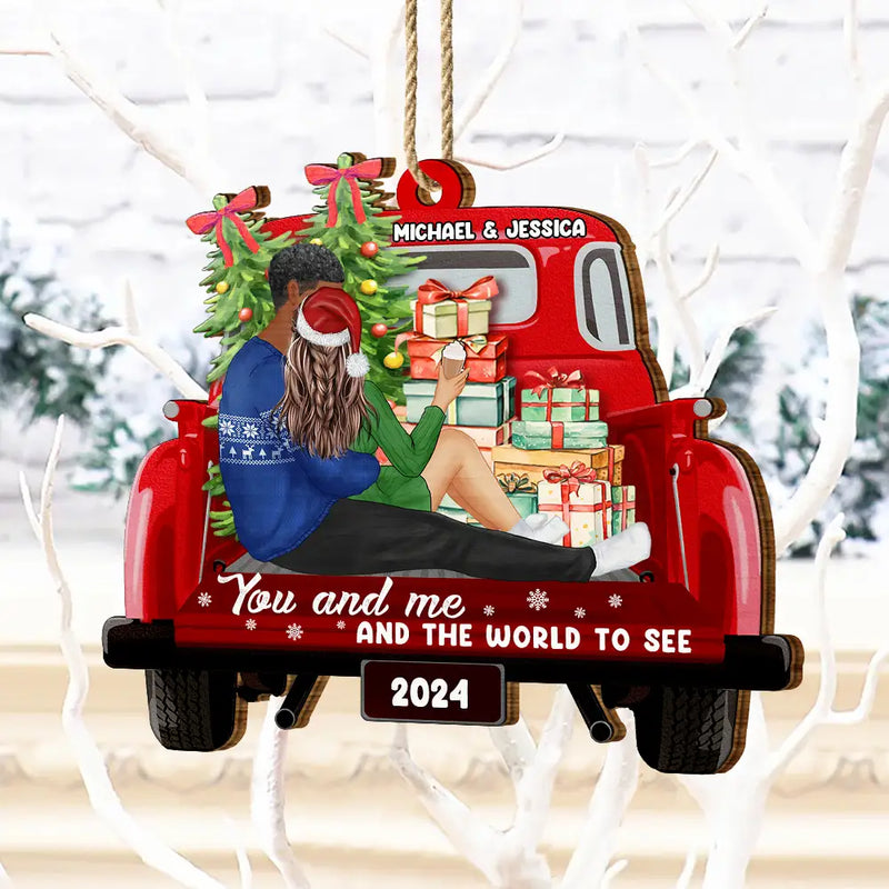 Gift For Couples - Side Sitting Couple You And Me And The World To See - Personalized Custom Shaped Wooden Ornament