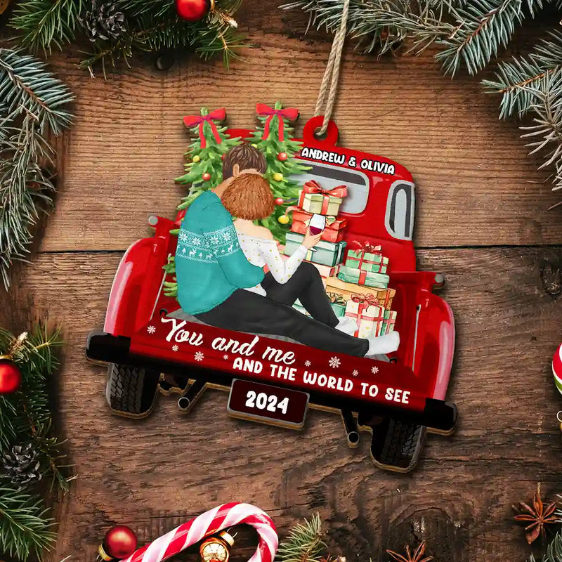 Gift For Couples - Side Sitting Couple You And Me And The World To See - Personalized Custom Shaped Wooden Ornament