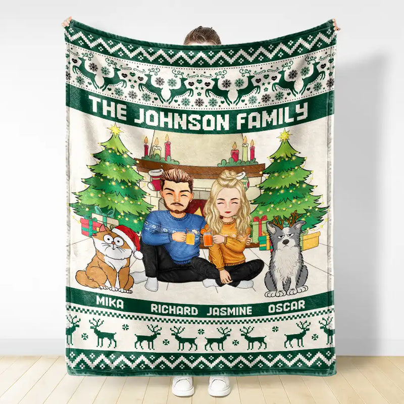 Family,Parents,Gift For Kids,Pet Lovers,Dog Lovers,Cat Lovers - Merry Christmas Family With Pets - Personalized Fleece Blanket, Sherpa Blanket