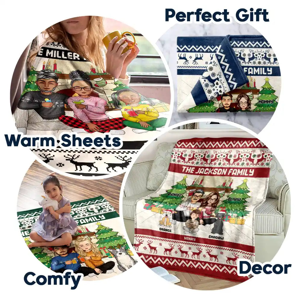 Family,Parents,Gift For Kids,Pet Lovers,Dog Lovers,Cat Lovers - Merry Christmas Family With Pets - Personalized Fleece Blanket, Sherpa Blanket