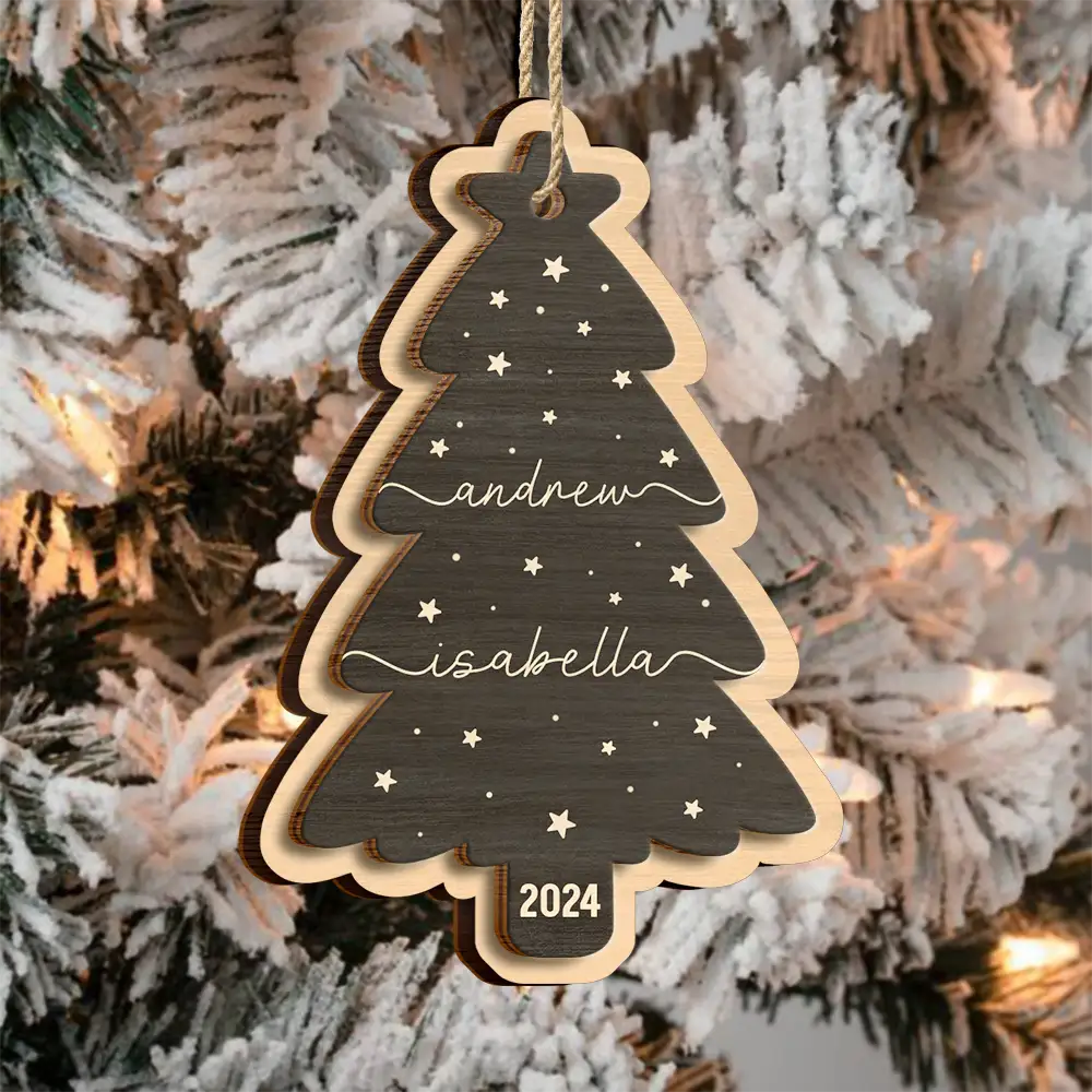 Sapin de Noël personnalisé avec nom de famille - Décoration en bois à 2 couches 