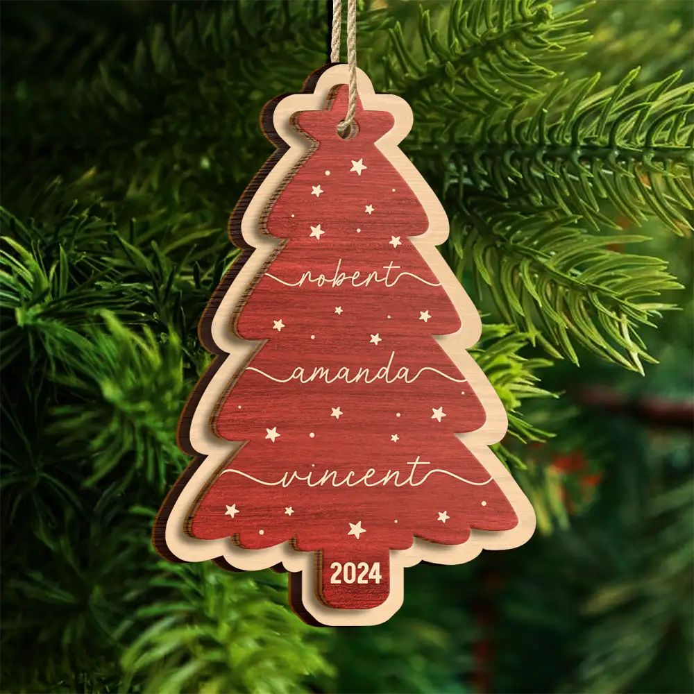 Sapin de Noël personnalisé avec nom de famille - Décoration en bois à 2 couches 