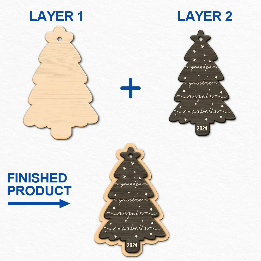 Sapin de Noël personnalisé avec nom de famille - Décoration en bois à 2 couches 
