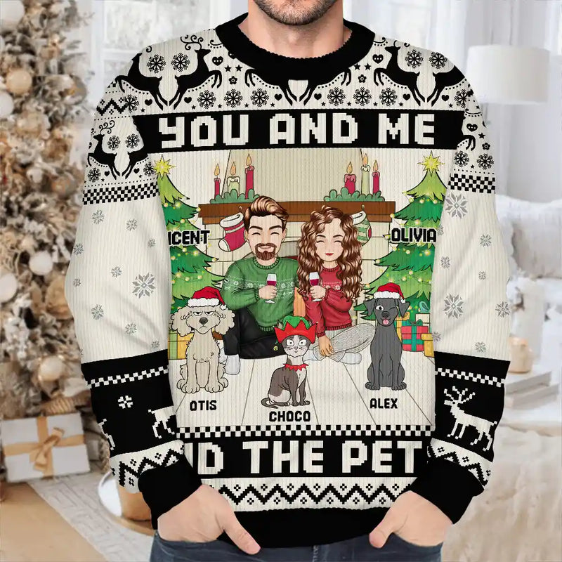 Christmas,Gift For Couples,Pet Lovers,Dog Lovers,Cat Lovers,Happy - You And Me And The Pets - Personalized Unisex Ugly Sweater