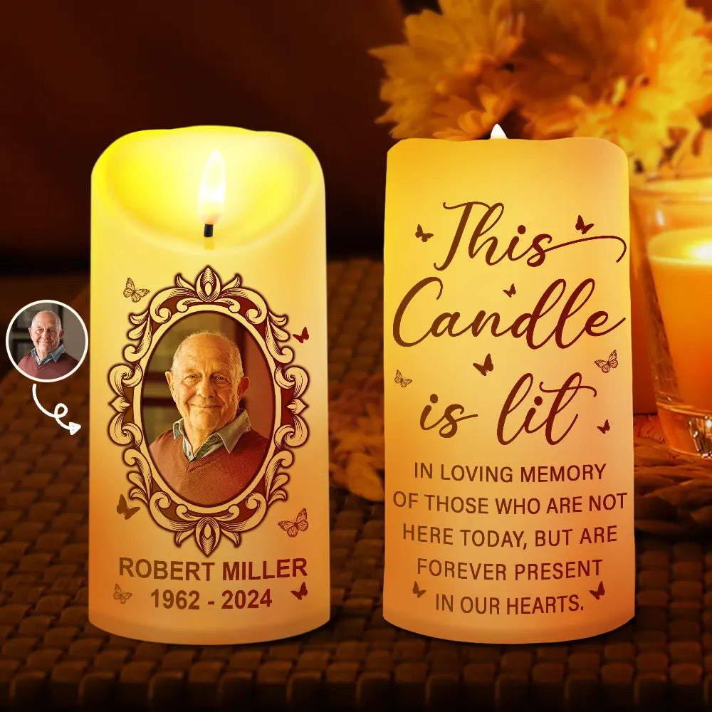 Memorial, Parents, Gift For Grandparents, Gift For Sibling - Custom Photo This Candle Is Lit - Personalized Flameless LED Candle