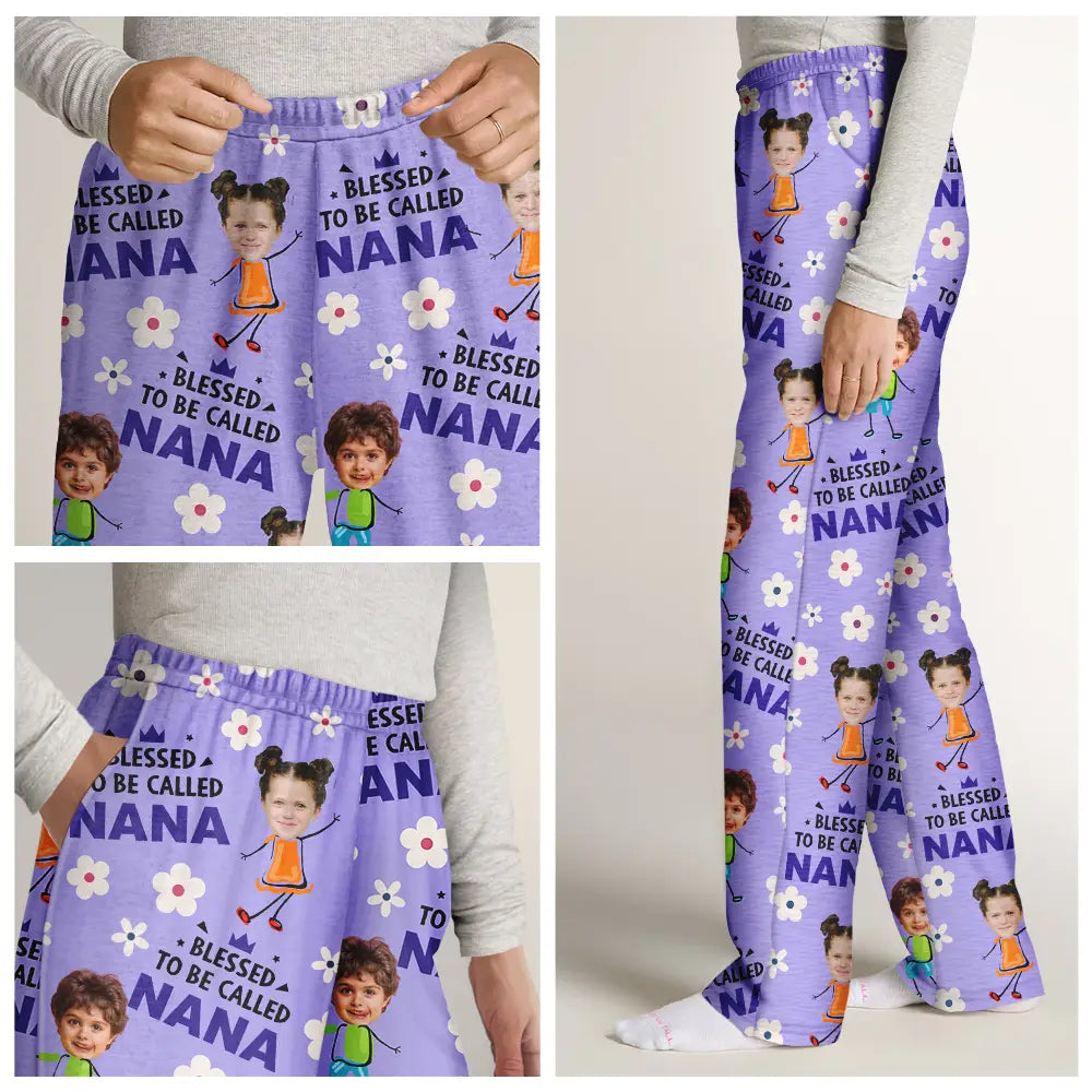 Gift For Grandma, Gift For Mother - Custom Photo Bless To Be Called Grandma Nana Flower Pattern - Personalized Pajama Pants