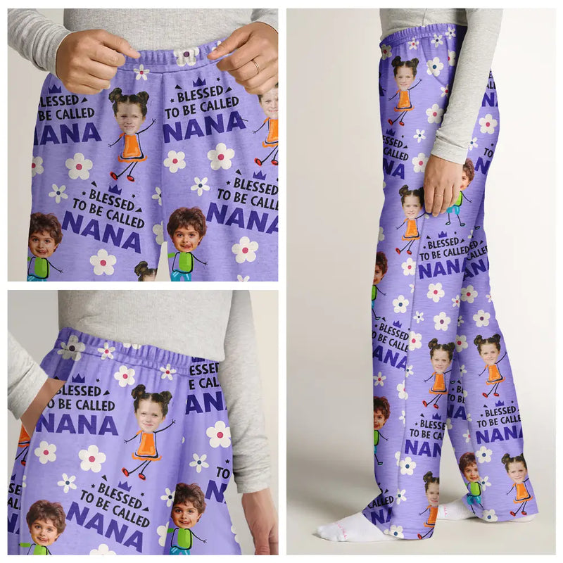Gift For Grandma, Gift For Mother - Custom Photo Bless To Be Called Grandma Nana Flower Pattern - Personalized Pajama Pants