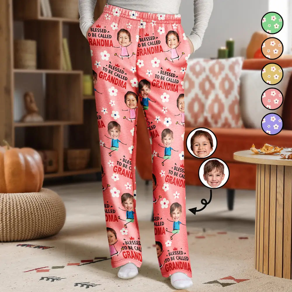 Gift For Grandma, Gift For Mother - Custom Photo Bless To Be Called Grandma Nana Flower Pattern - Personalized Pajama Pants