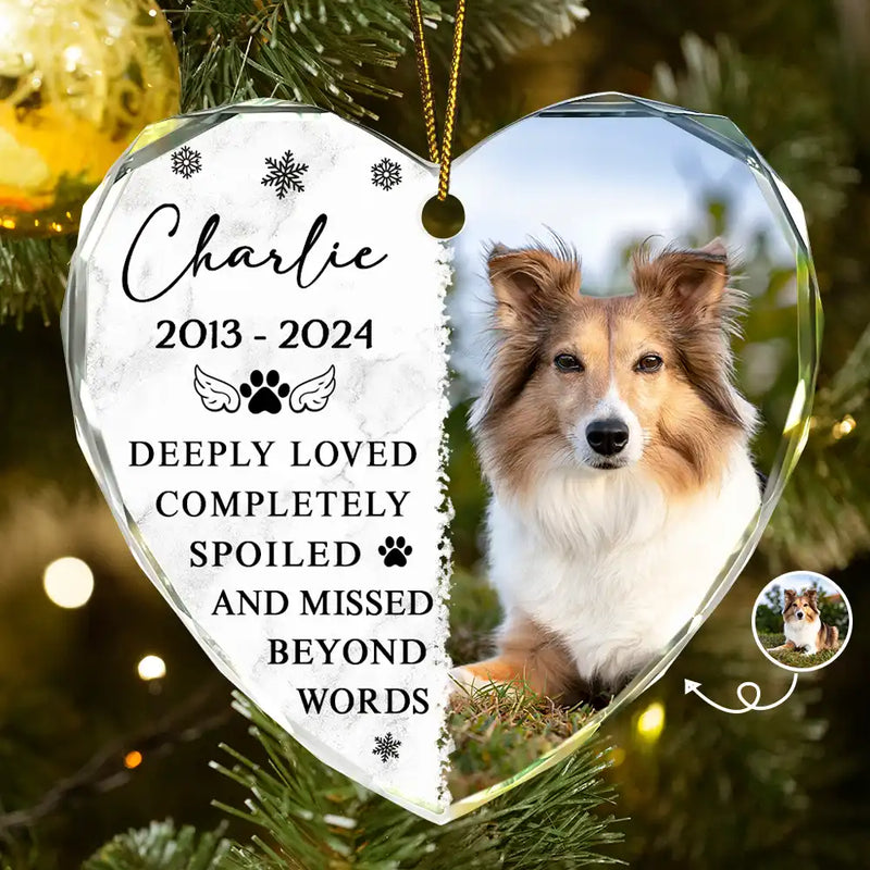 Christmas,Custom Photo,Memorial,Pet Lovers,Dog Lovers,Cat Lovers,Sad - Custom Photo Memorial Missed Beyond Words - Personalized Heart Shaped Glass Ornament