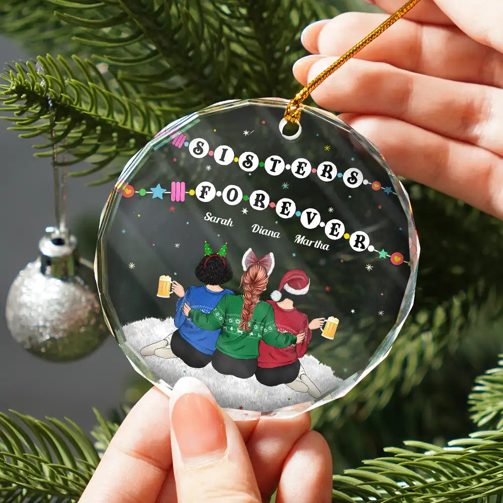 Gift For Sisters, Gift For Bestie, Gift For Sibling - Christmas Besties Forever Bracelets - Personalized Circle Glass Ornament
