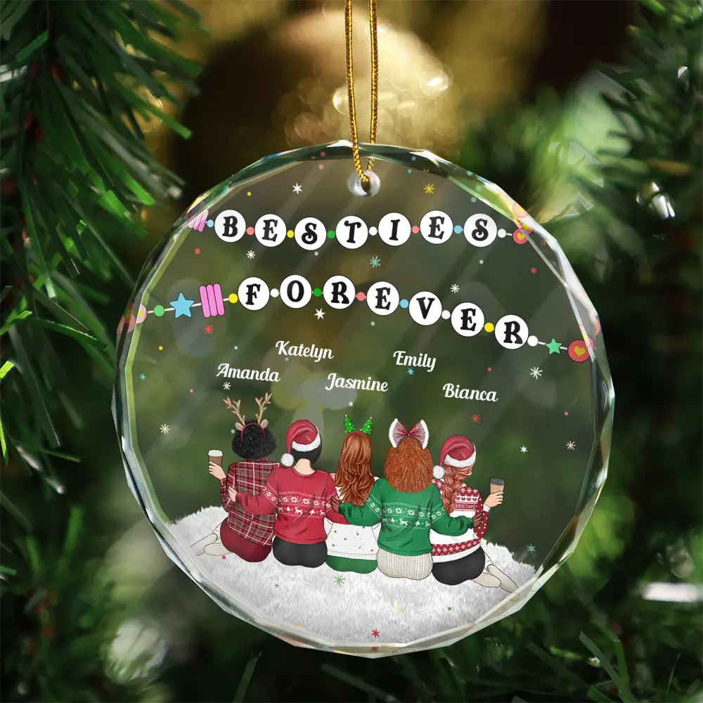 Gift For Sisters, Gift For Bestie, Gift For Sibling - Christmas Besties Forever Bracelets - Personalized Circle Glass Ornament
