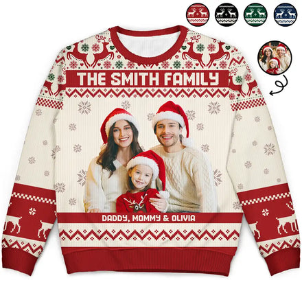 Pull moche unisexe personnalisé avec photo de famille « Joyeux Noël » 