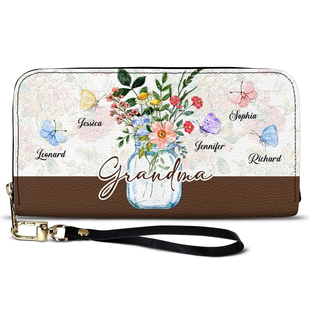 Grandma Jar Of Flowers And Butterfly Grandkids - Personalized Leather Long Wallet