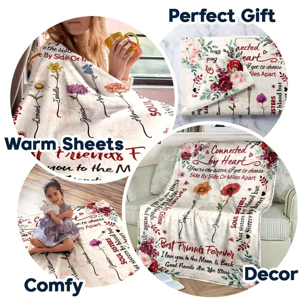 Gift For Bestie - Birth Flower Besties Connected By Heart - Personalized Fleece Blanket, Sherpa Blanket