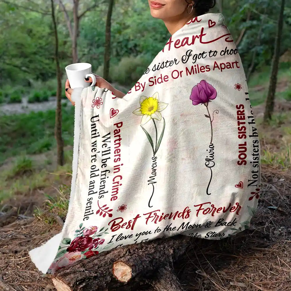 Gift For Bestie - Birth Flower Besties Connected By Heart - Personalized Fleece Blanket, Sherpa Blanket