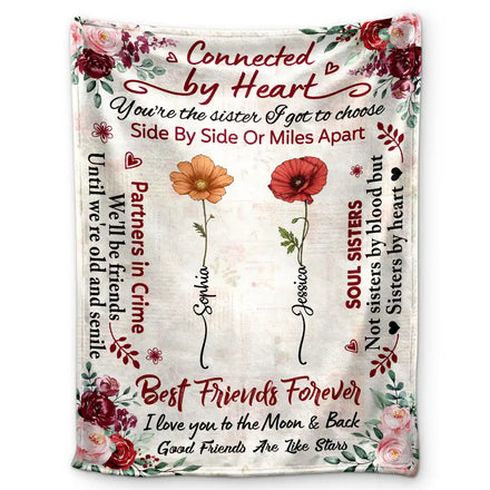 Couverture polaire personnalisée, couverture sherpa, motif fleur de naissance, amis connectés par le cœur 