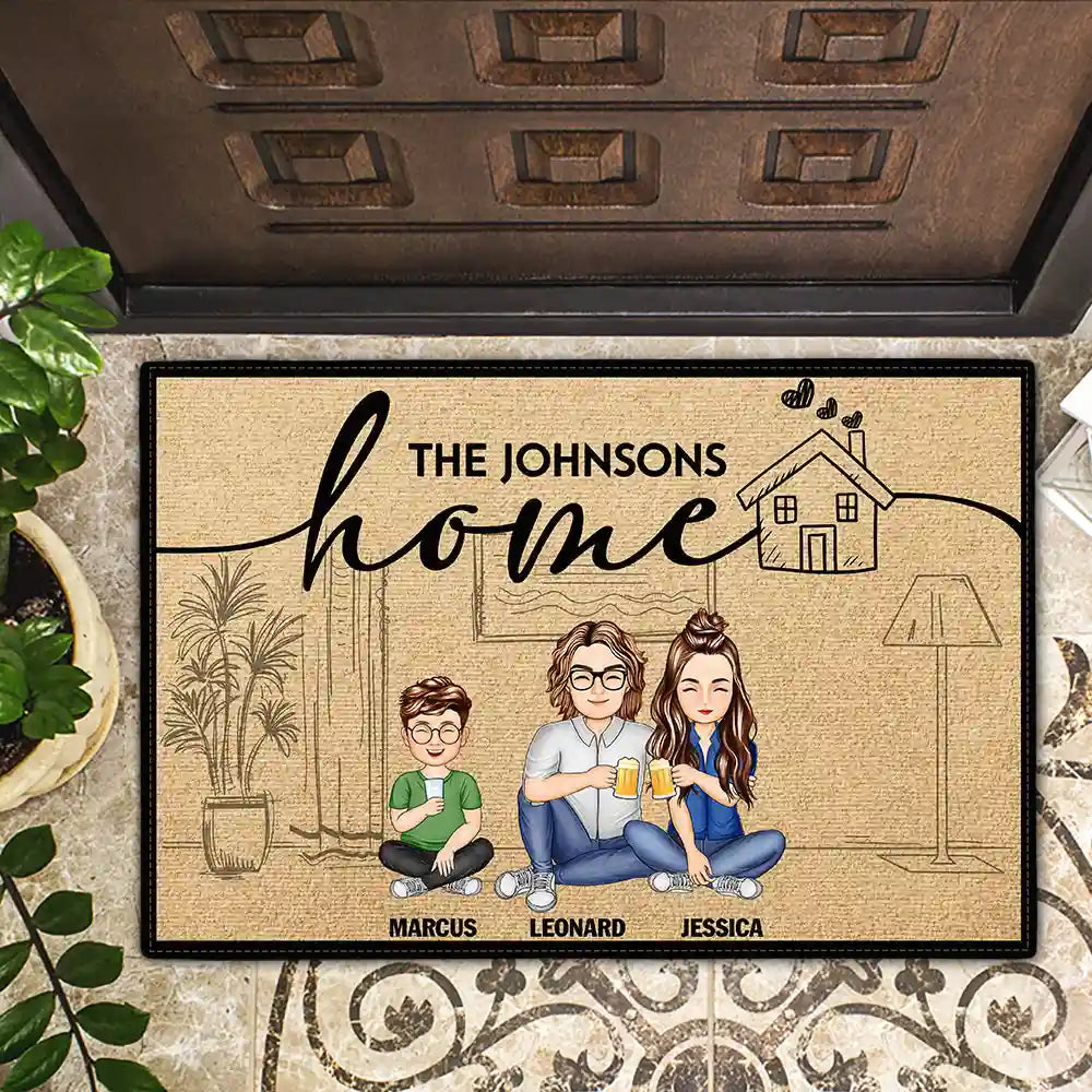 Gift For Couples,Pet Lovers,Dog Lovers,Cat Lovers,Family,Happy - Couple Home With Pet And Kid - Personalized Doormat